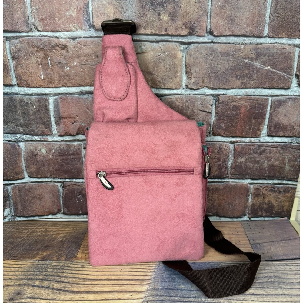 Travelon Sling Crossbody Shoulder Bag Travel Tote Pockets Faux Pink Suede